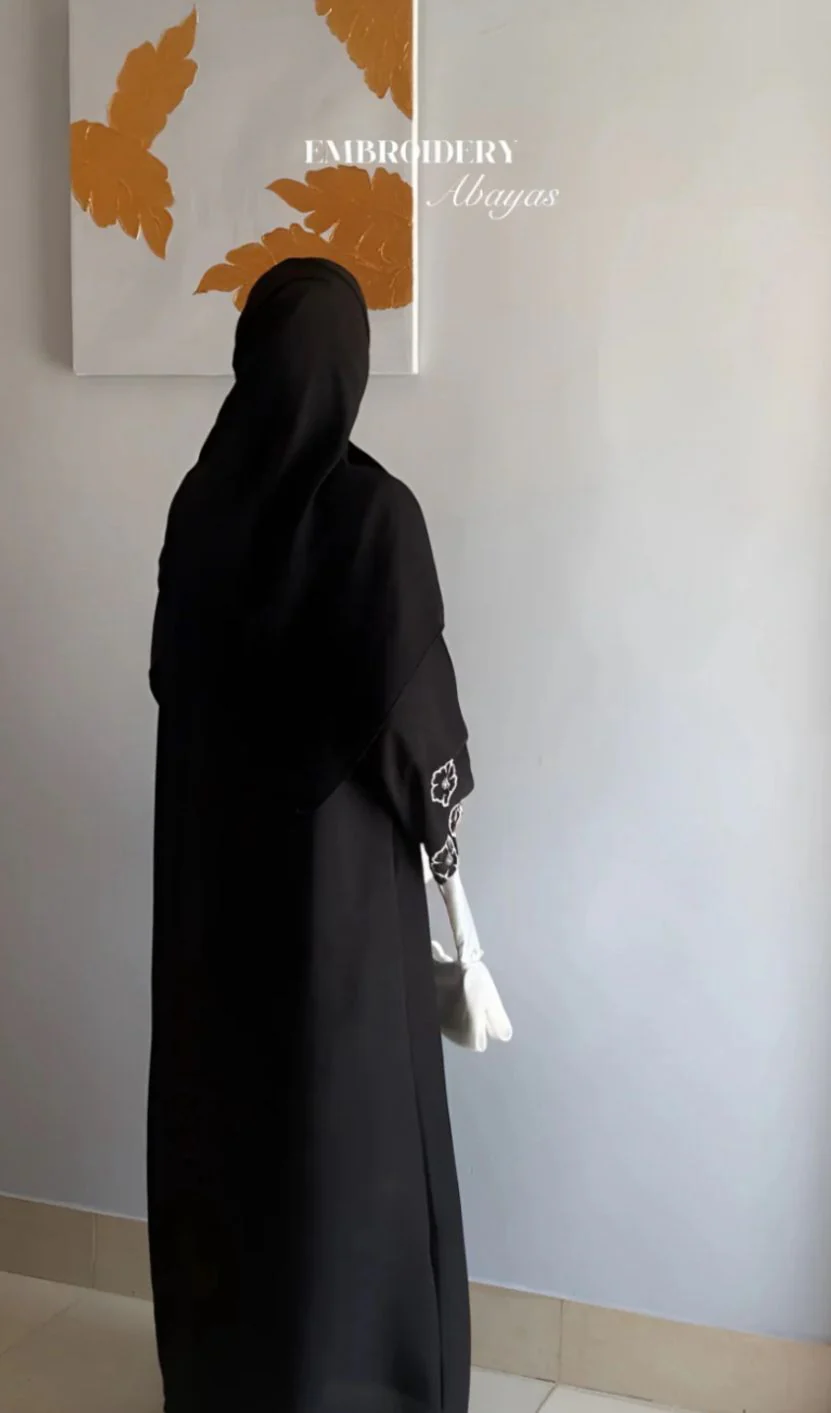 Black Abaya with White Floral Embroidery Sleeves