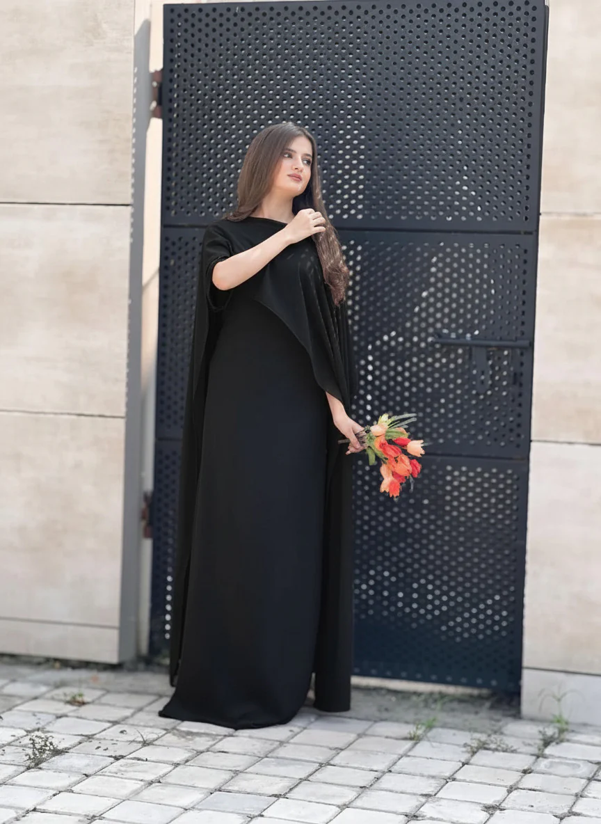 Black Silk Cape Shawl Maxi Dress