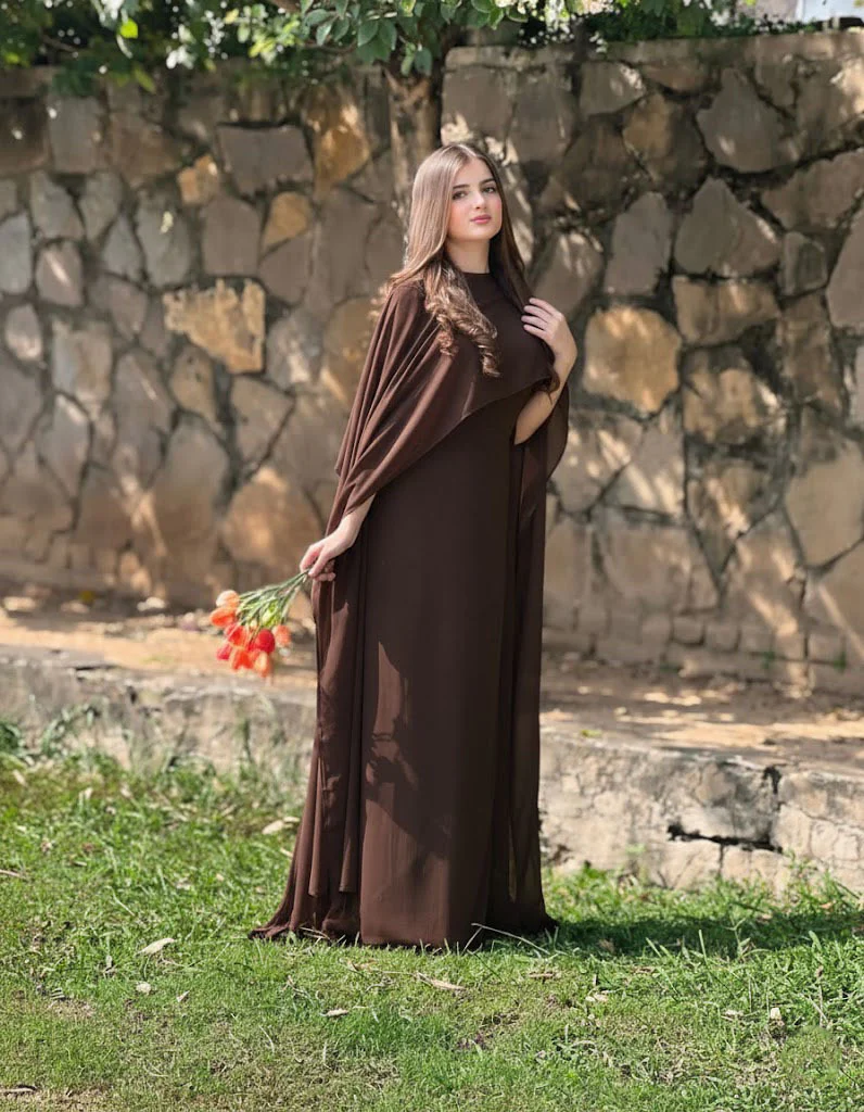 Brown Silk Cape Shawl Maxi Dress
