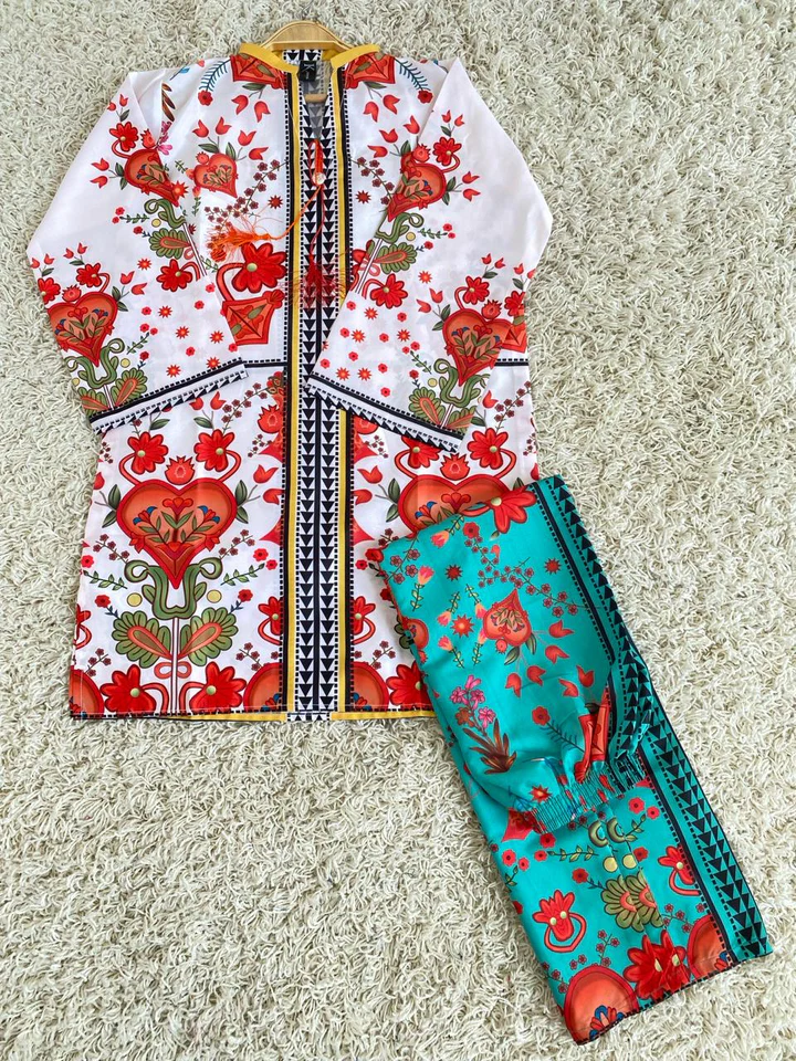 Dil Ruba Ivory Base & Turquoise Trouser Floral Print Co-Ord Set