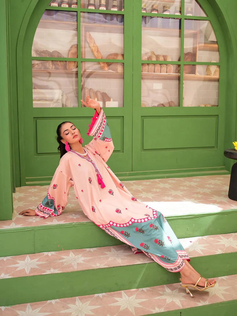 Dil Afroz Peach & Sage Green Print Kaftan Style Co-Ord Set