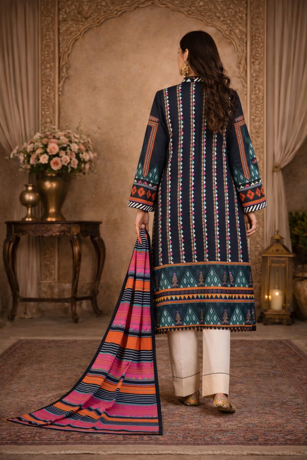 Ebony Geometric Tribal Floral Sleeves Printed Kurta Set