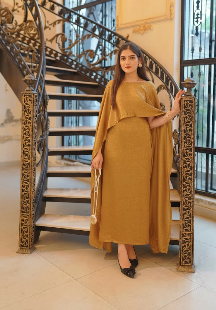 Golden Silk Cape Shawl Maxi Dress