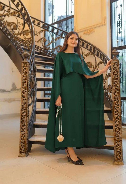 Green Silk Cape Shawl Maxi Dress