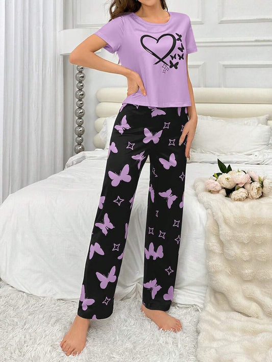 Heart and Butterfly Printed Cotton Jersey Pajama Set