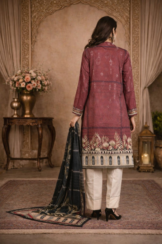 Maroon Black Garnet Grid Floral Border Printed Kurta Set