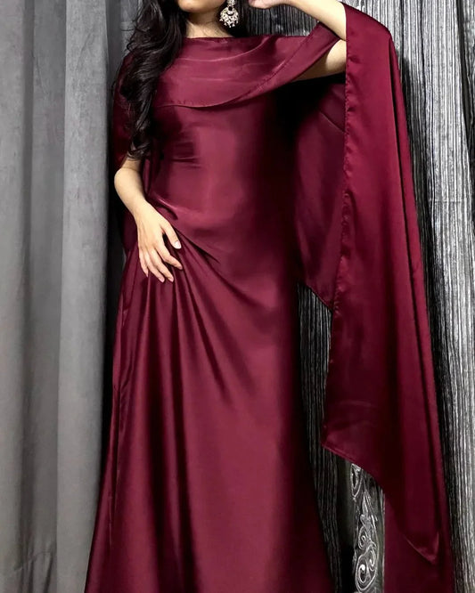 Maroon Silk Cape Shawl Maxi Dress