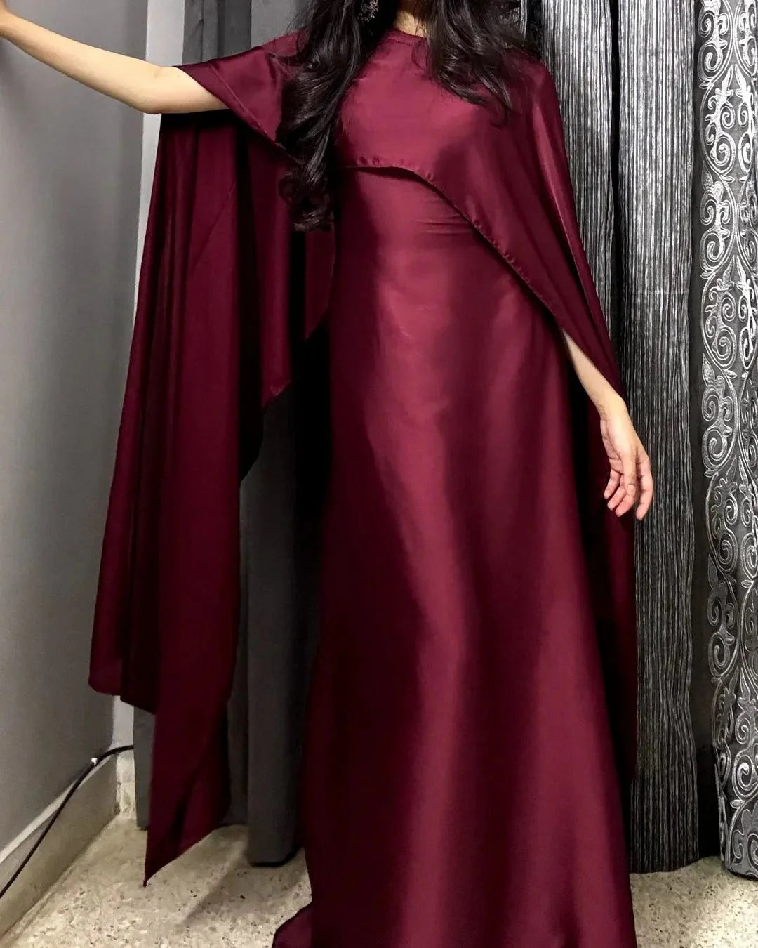 Maroon Silk Cape Shawl Maxi Dress