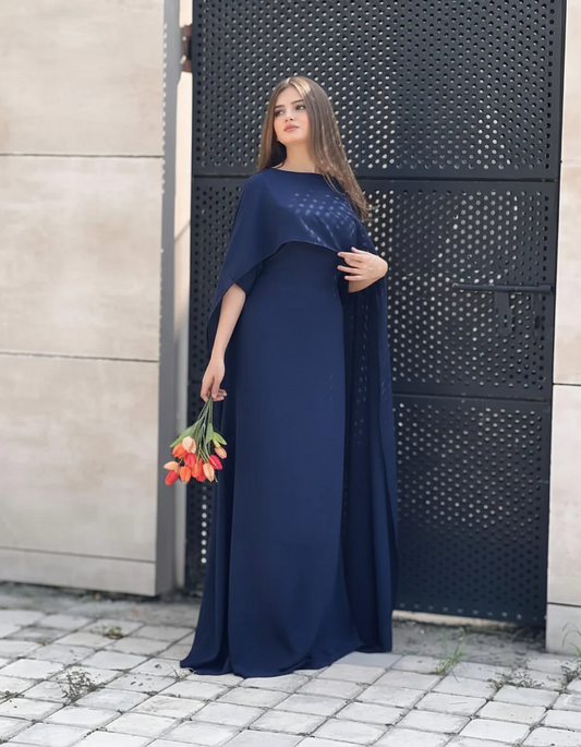 Navy Blue Silk Cape Shawl Maxi Dress
