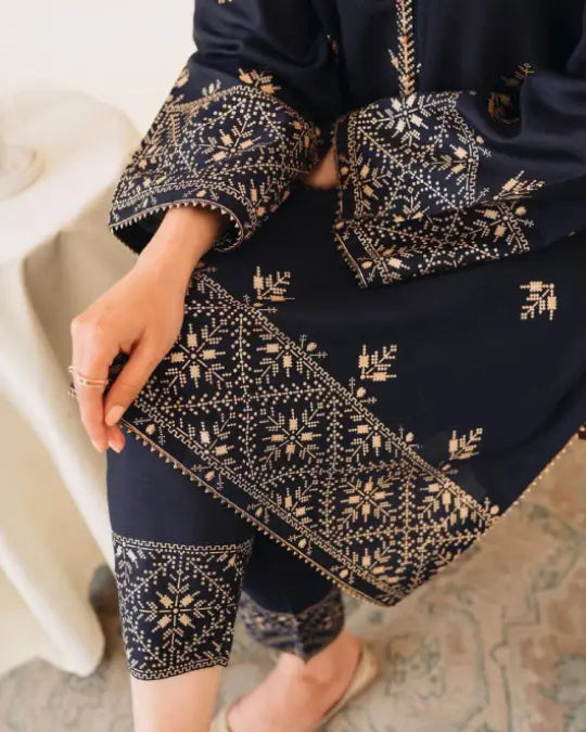 Navy Blue Silk Embroidery 2pc