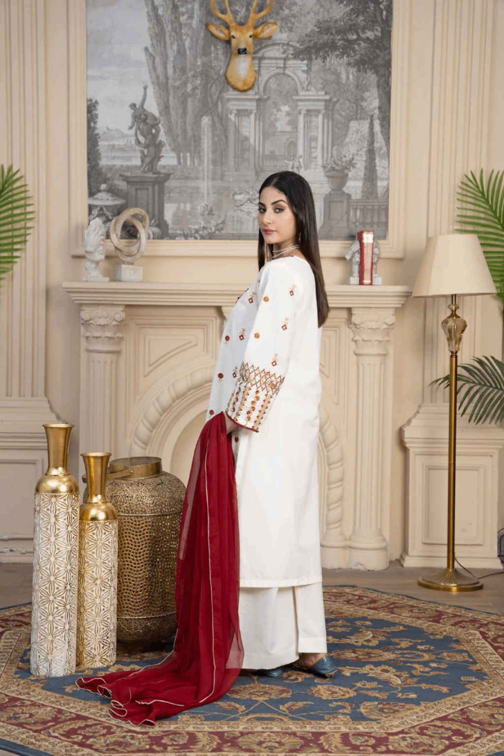 Noor-E-Riwaayat White and Red Embroidery Cotton