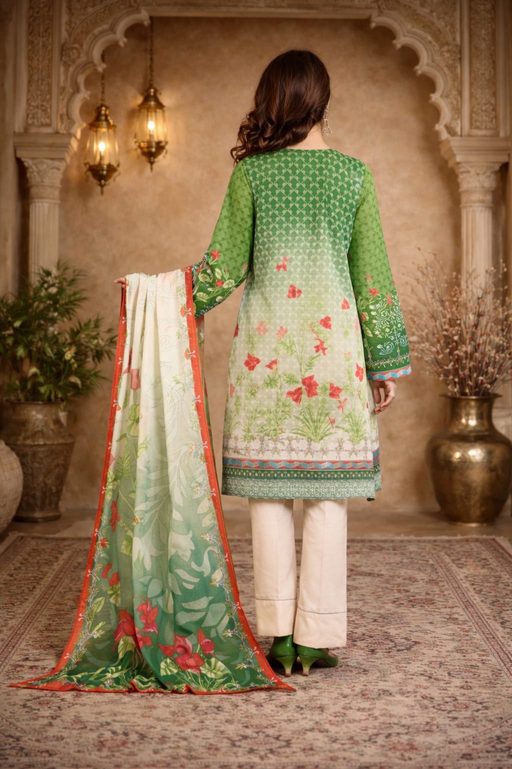 Pastel Green Floral Vine Garden Printed Kurta Set