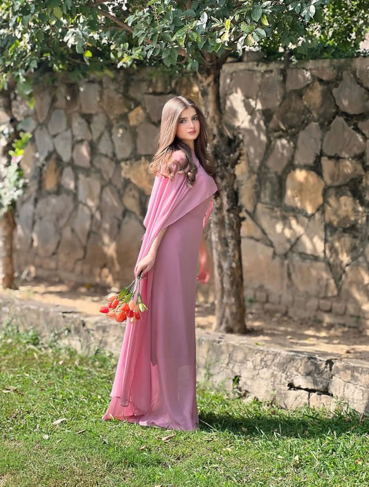 Pink Silk Cape Shawl Maxi Dress