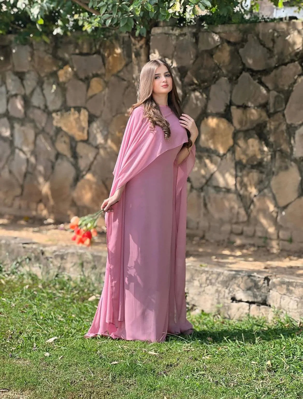 Pink Silk Cape Shawl Maxi Dress