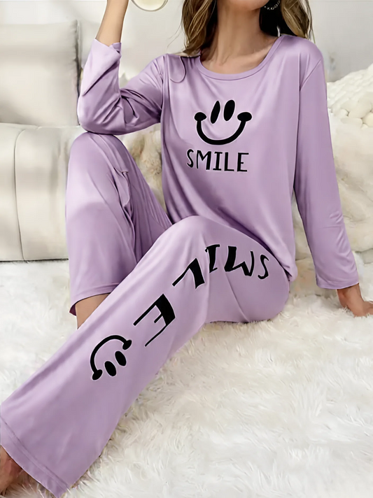 Womens Smile Printed Cotton Jersey Pajama Set