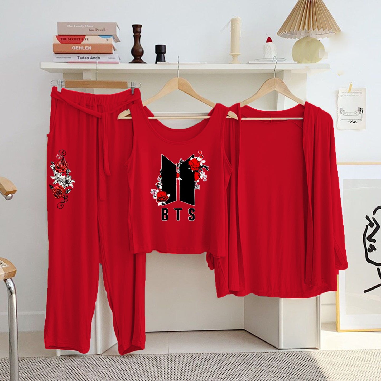 Red Cotton Jersey Printed Night Suit 3 Piece