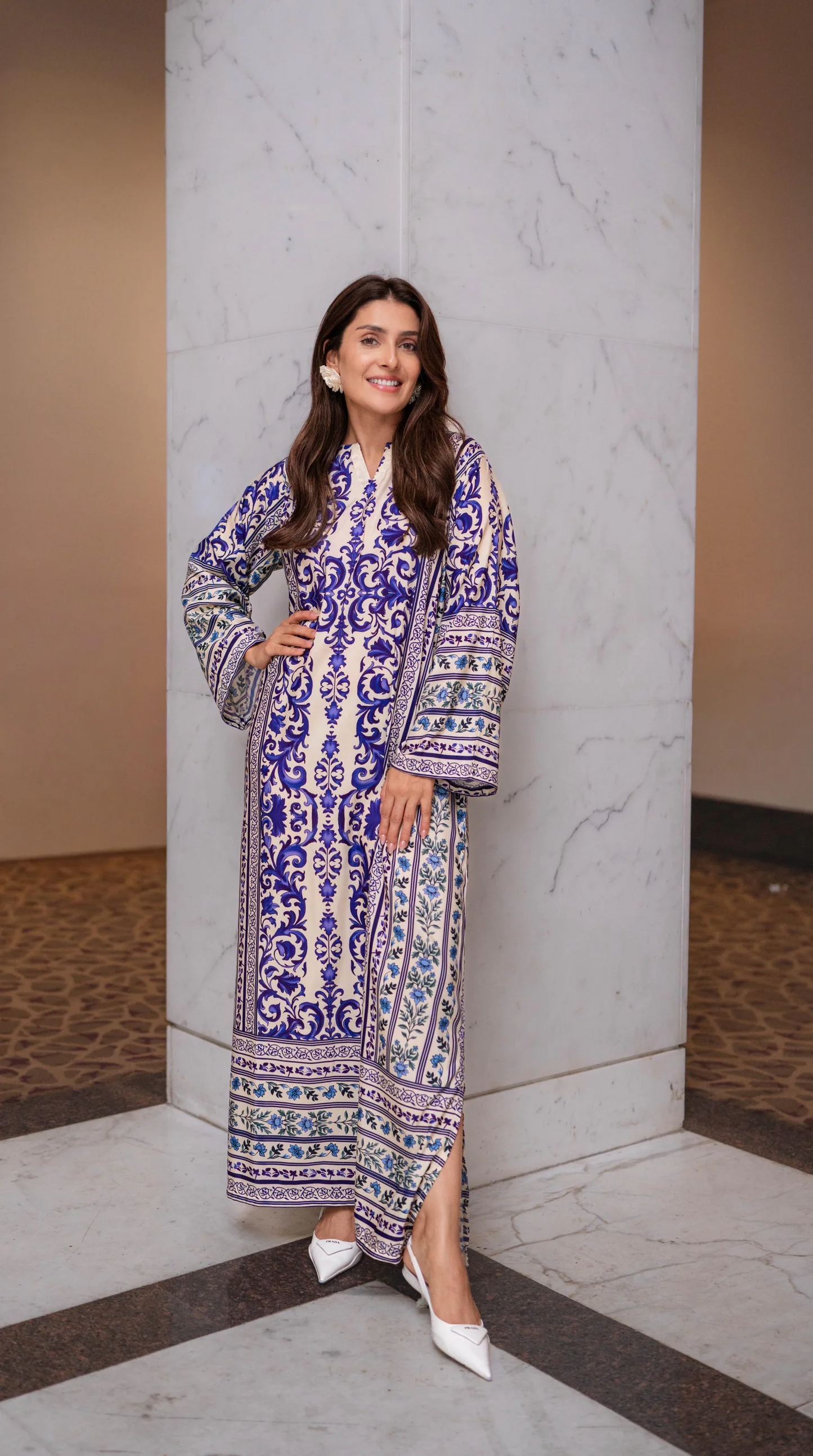 Sara Kaftan Silk Grip Blue & Cream Print Co-Ord Set