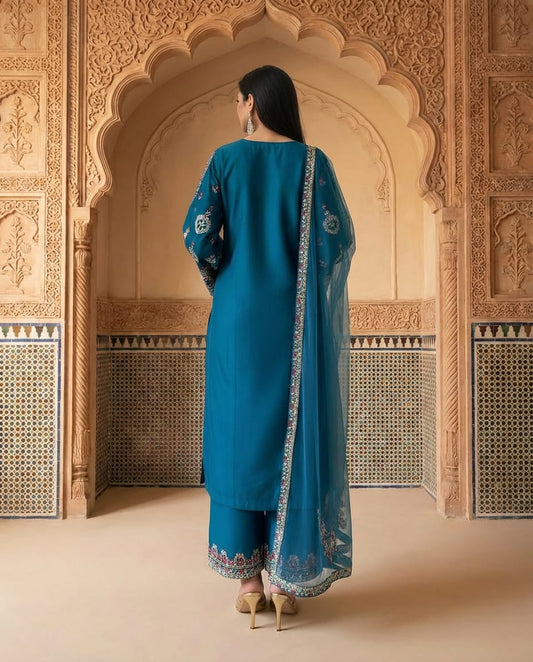 Teal Elegance Embroidered 3-Piece Suit