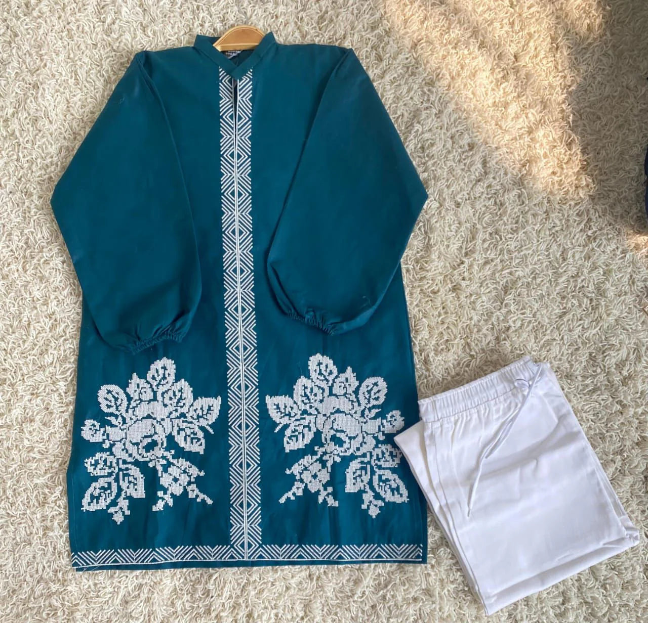 Teal Floral Cross-Stitch Co-ord Set