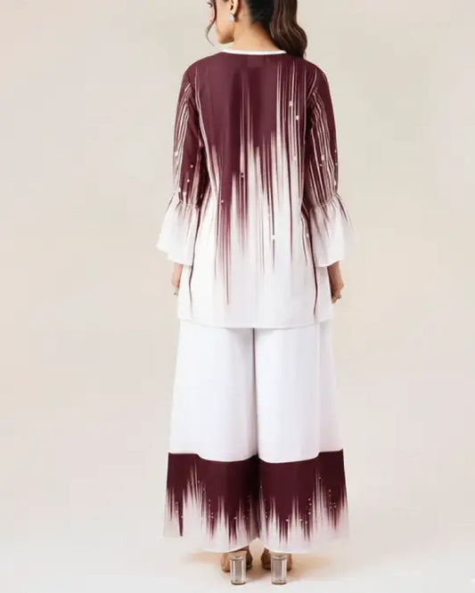 White Base Maroon Vertical Streaks Co-Ord-Set