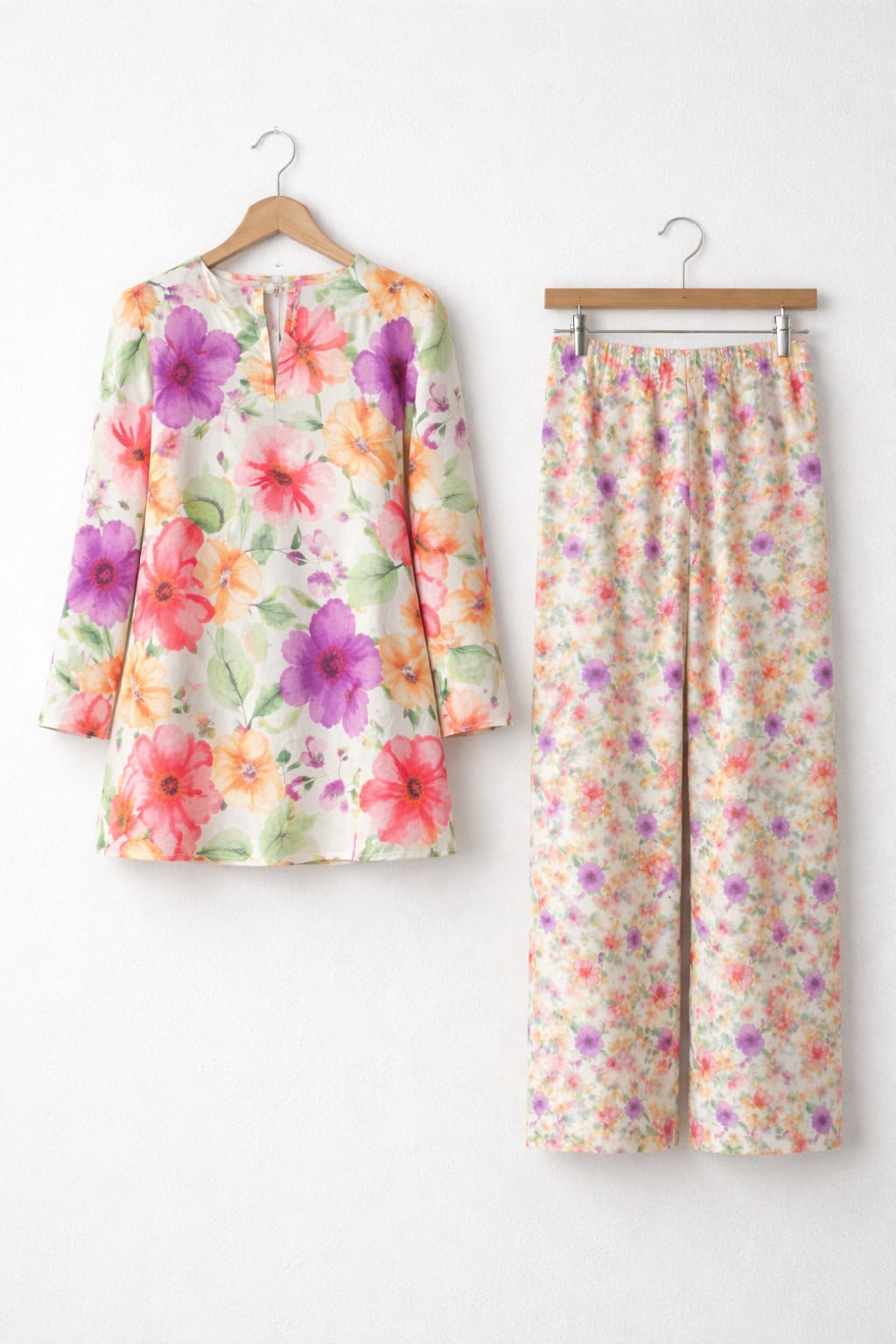 White Base Multi-Colour Floral Mandarin Collar Co-Ord Set