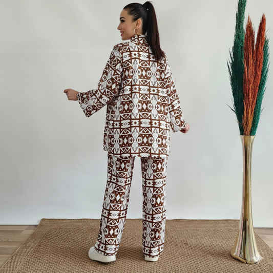 White & Brown Geometric Tribal Pattern Printed Co-Ord Set