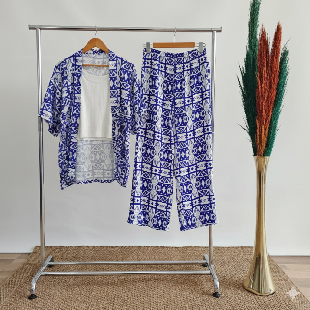 White & Navy Blue Geometric Tribal Pattern Printed Co-Ord Set