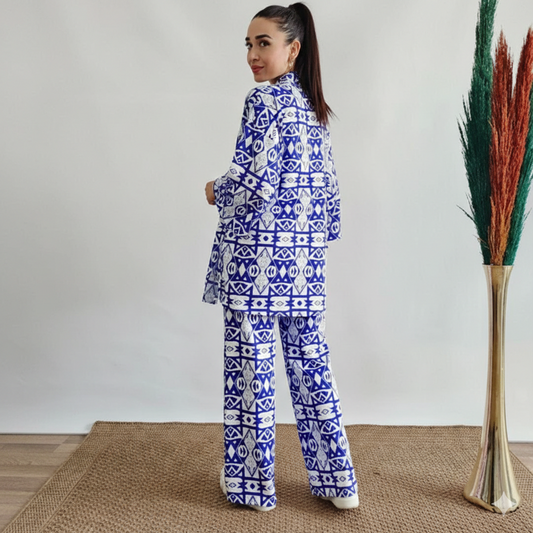 White & Navy Blue Geometric Tribal Pattern Printed Co-Ord Set