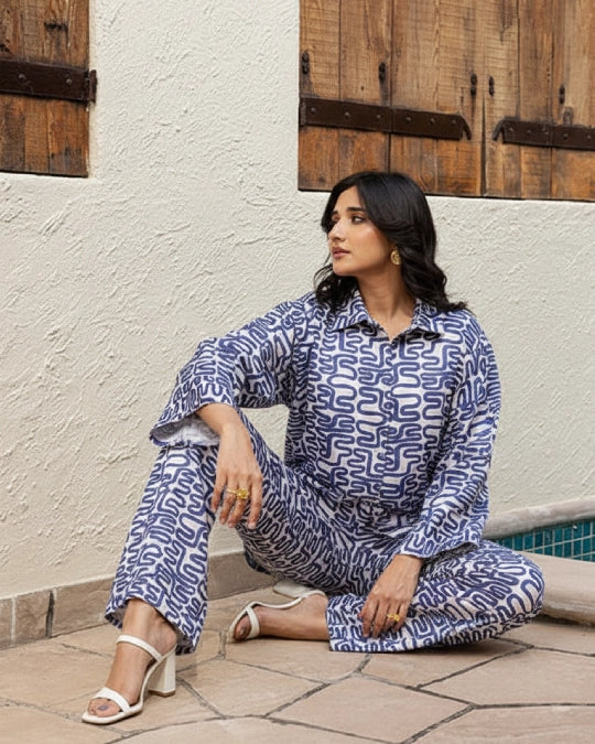 White & Navy Blue Geometric Printed Co-Ord Set