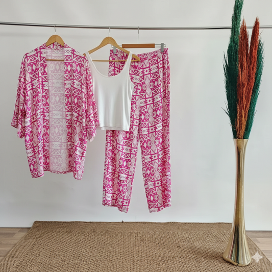 White & Pink Geometric Tribal Pattern Printed Co-Ord Set