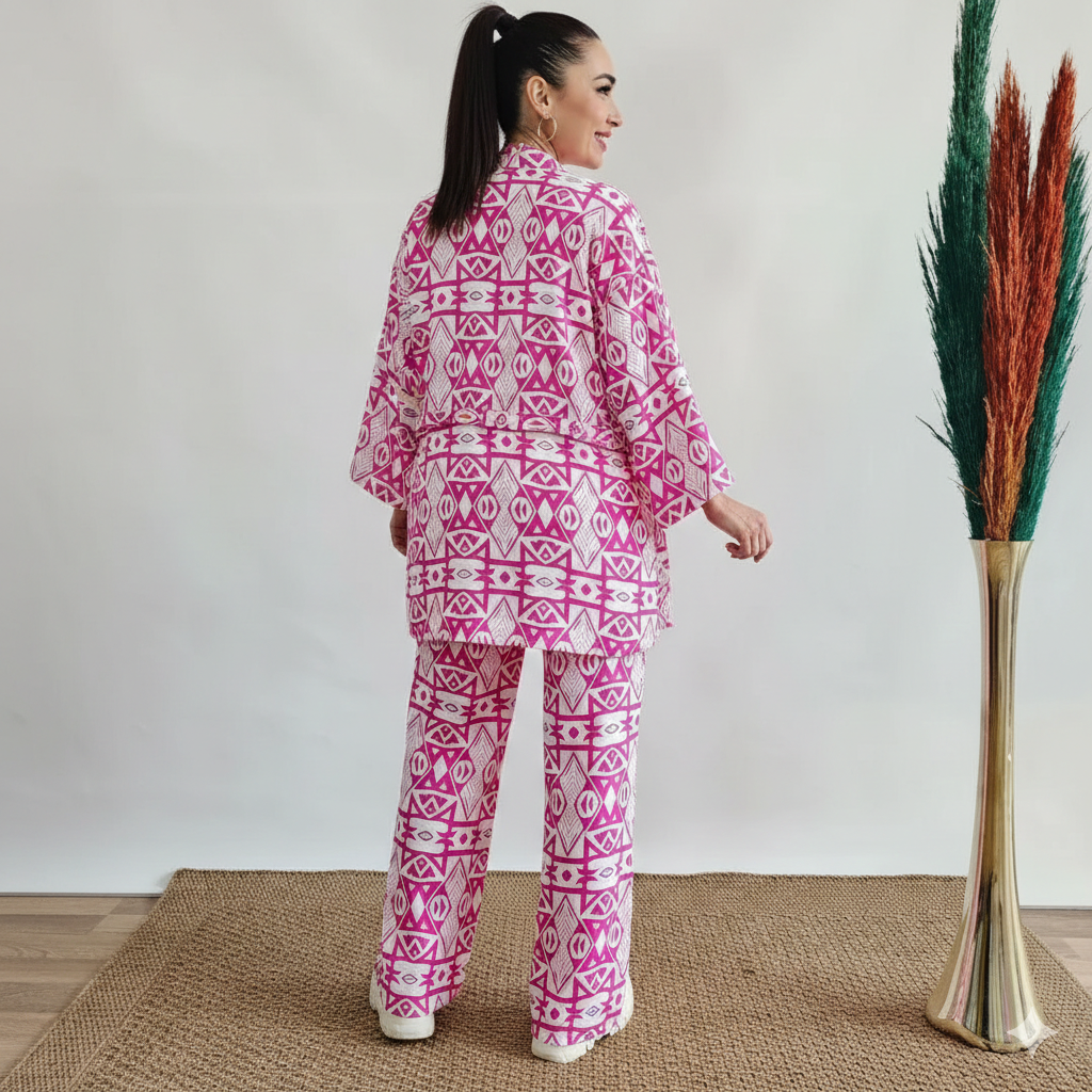 White & Pink Geometric Tribal Pattern Printed Co-Ord Set