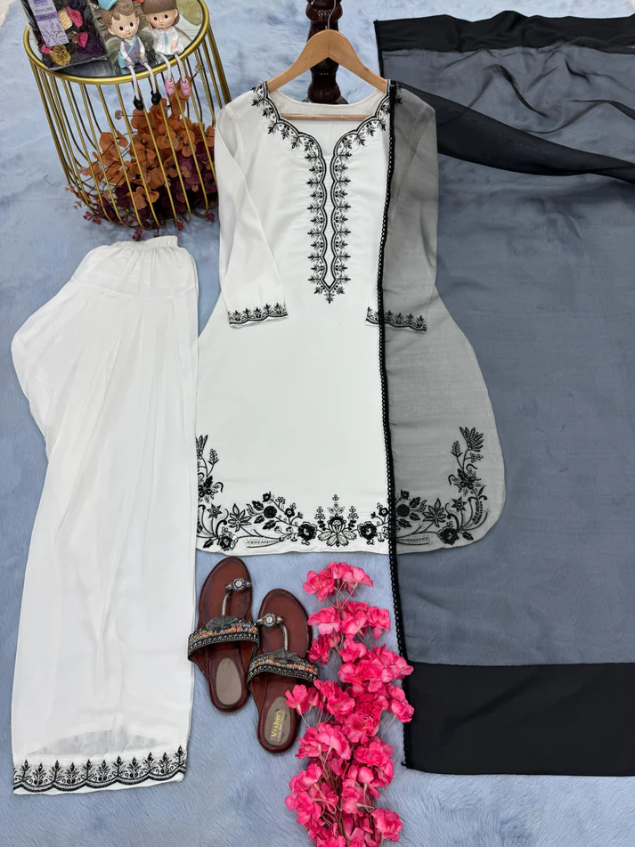 Zahra Silk Ivory Base & Black Embroidery Farshi Kurta Shalwar Set