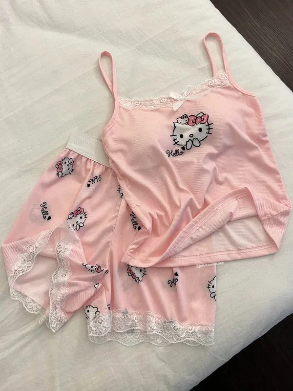 Hello Kitty Pajama Set | Pink Lace Trim Camisole and Shorts Set
