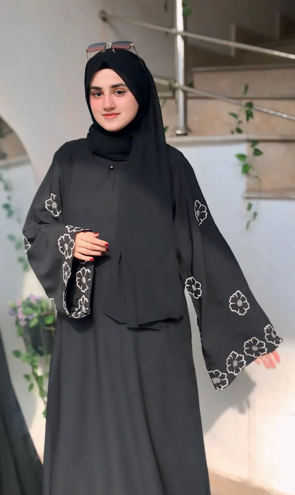 Black Abaya with White Floral Embroidery Sleeves
