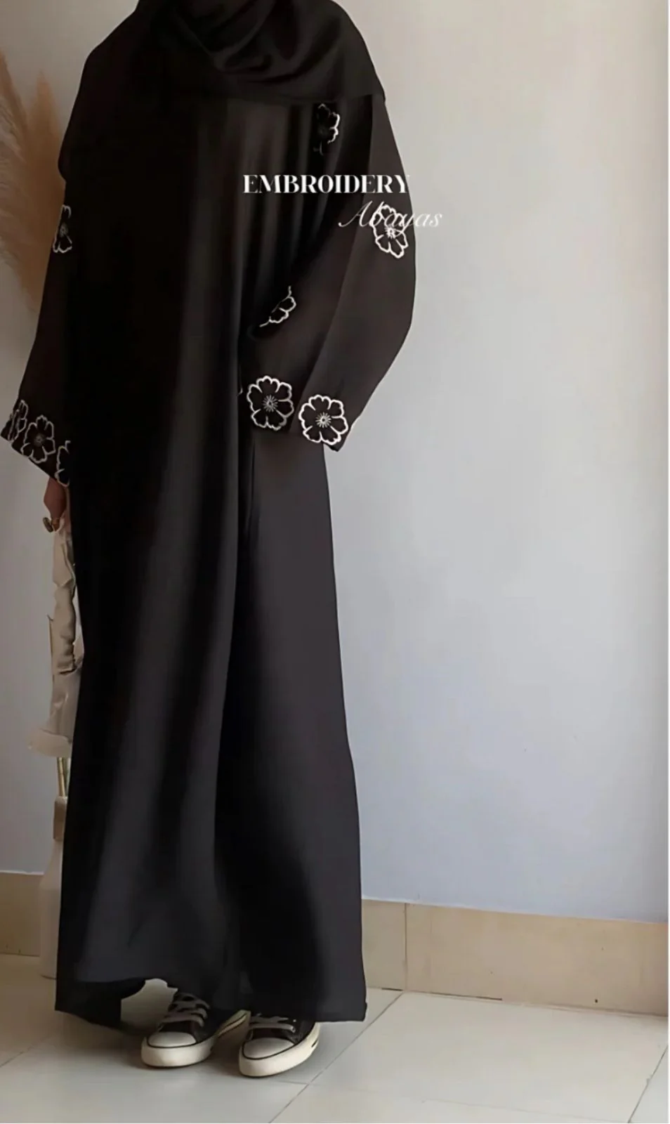 Black Abaya with White Floral Embroidery Sleeves