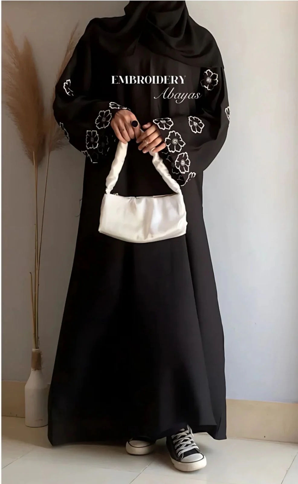 Black Abaya with White Floral Embroidery Sleeves