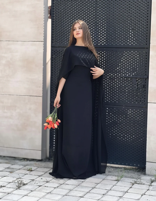 Black Silk Cape Shawl Maxi Dress