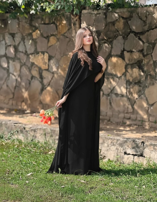 Black Silk Cape Shawl Maxi Dress