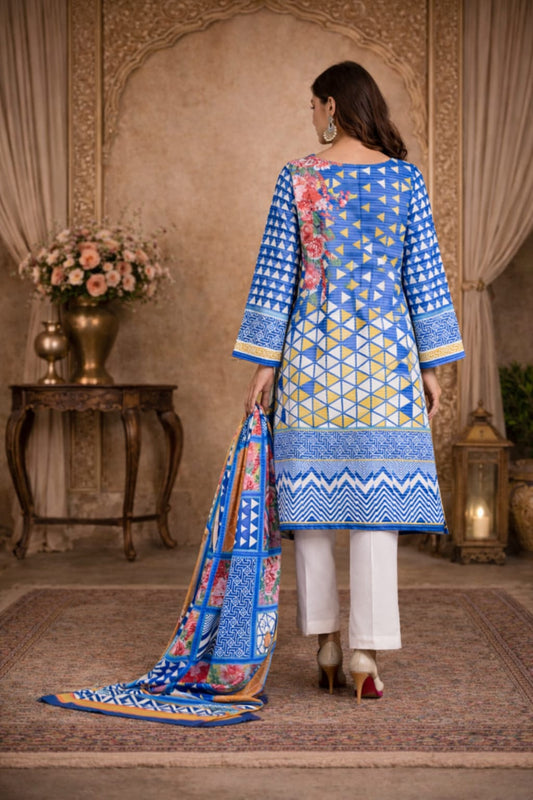 Blue Yellow Geometric Floral Accent Printed Kurta Set