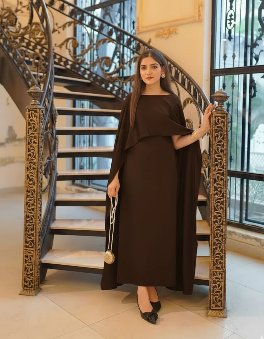 Brown Silk Cape Shawl Maxi Dress
