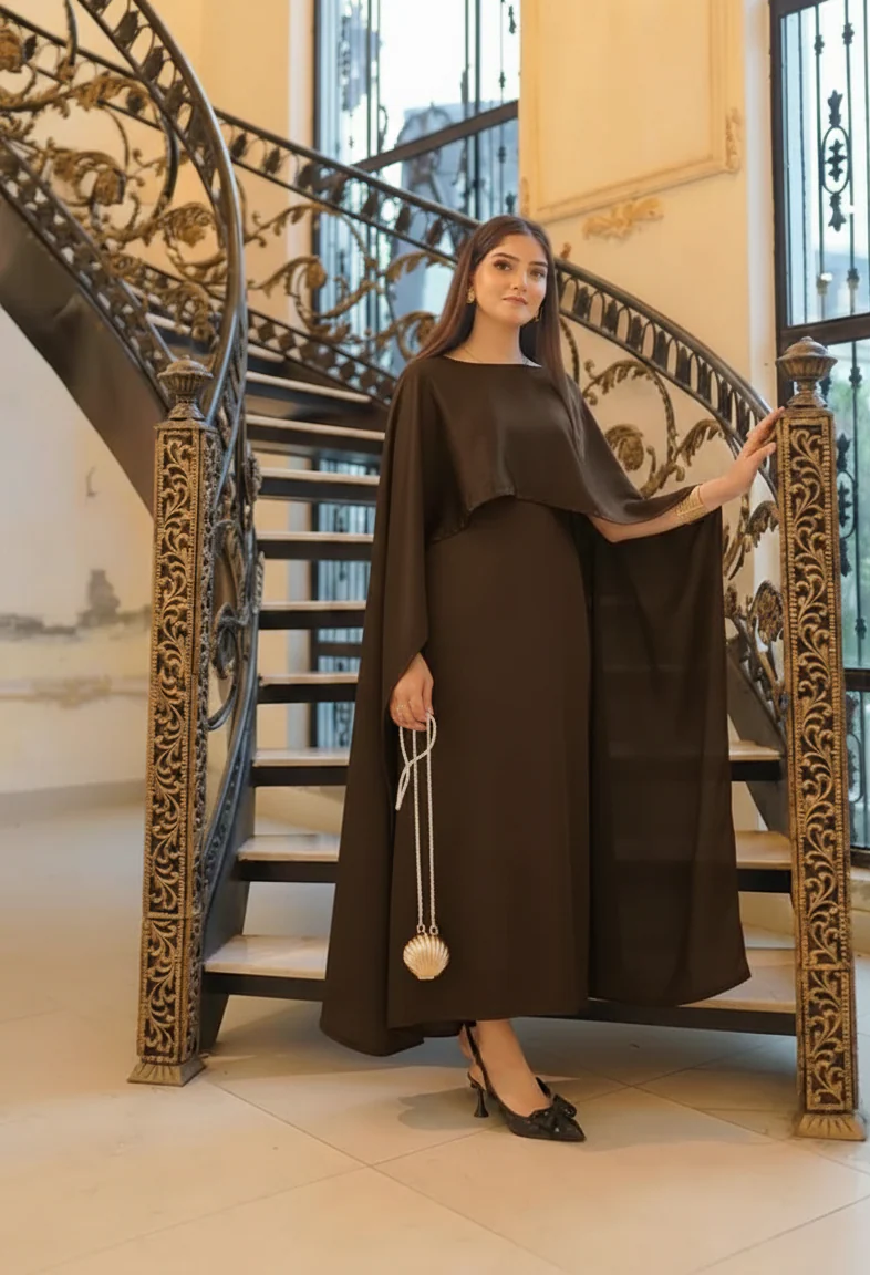 Brown Silk Cape Shawl Maxi Dress
