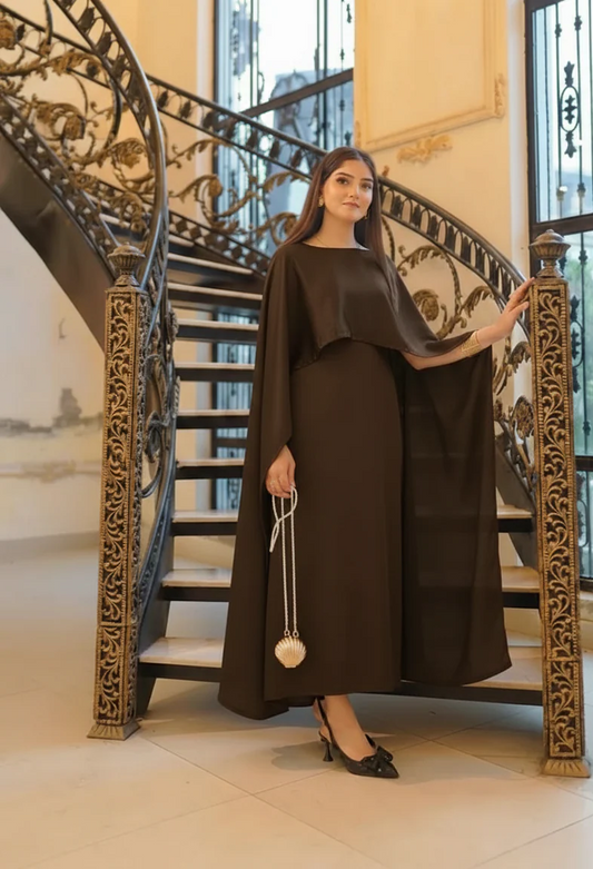 Brown Silk Cape Shawl Maxi Dress
