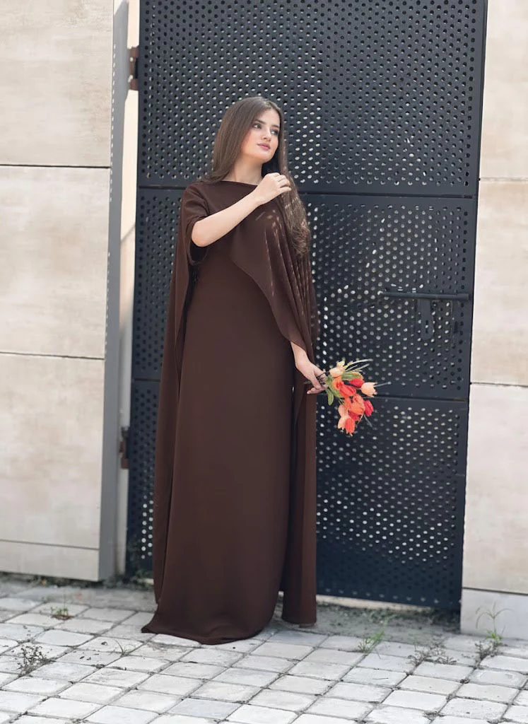 Brown Silk Cape Shawl Maxi Dress