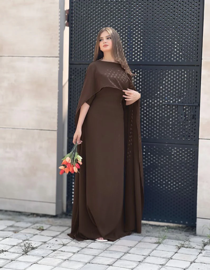 Brown Silk Cape Shawl Maxi Dress
