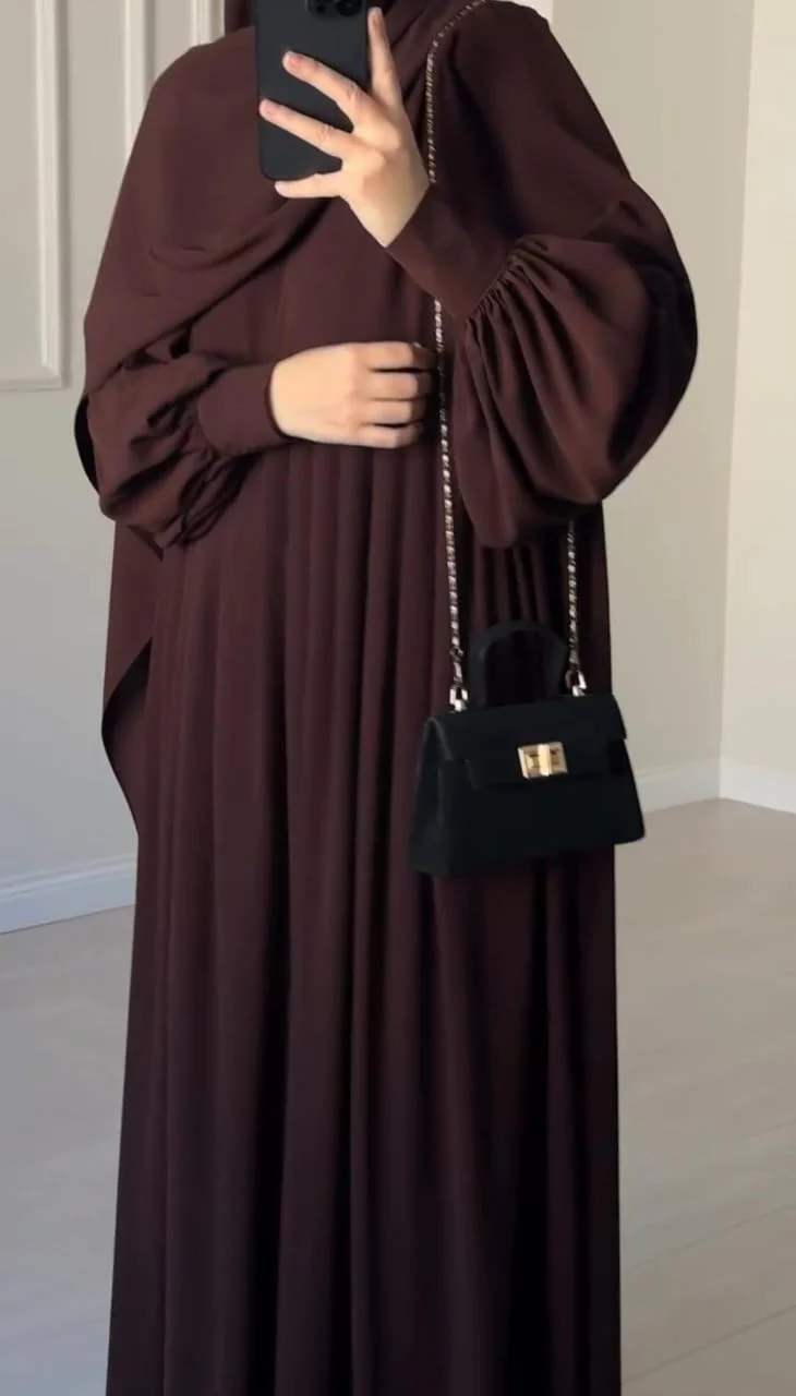 Chocolate Brown Abaya with Ruched Sleeves