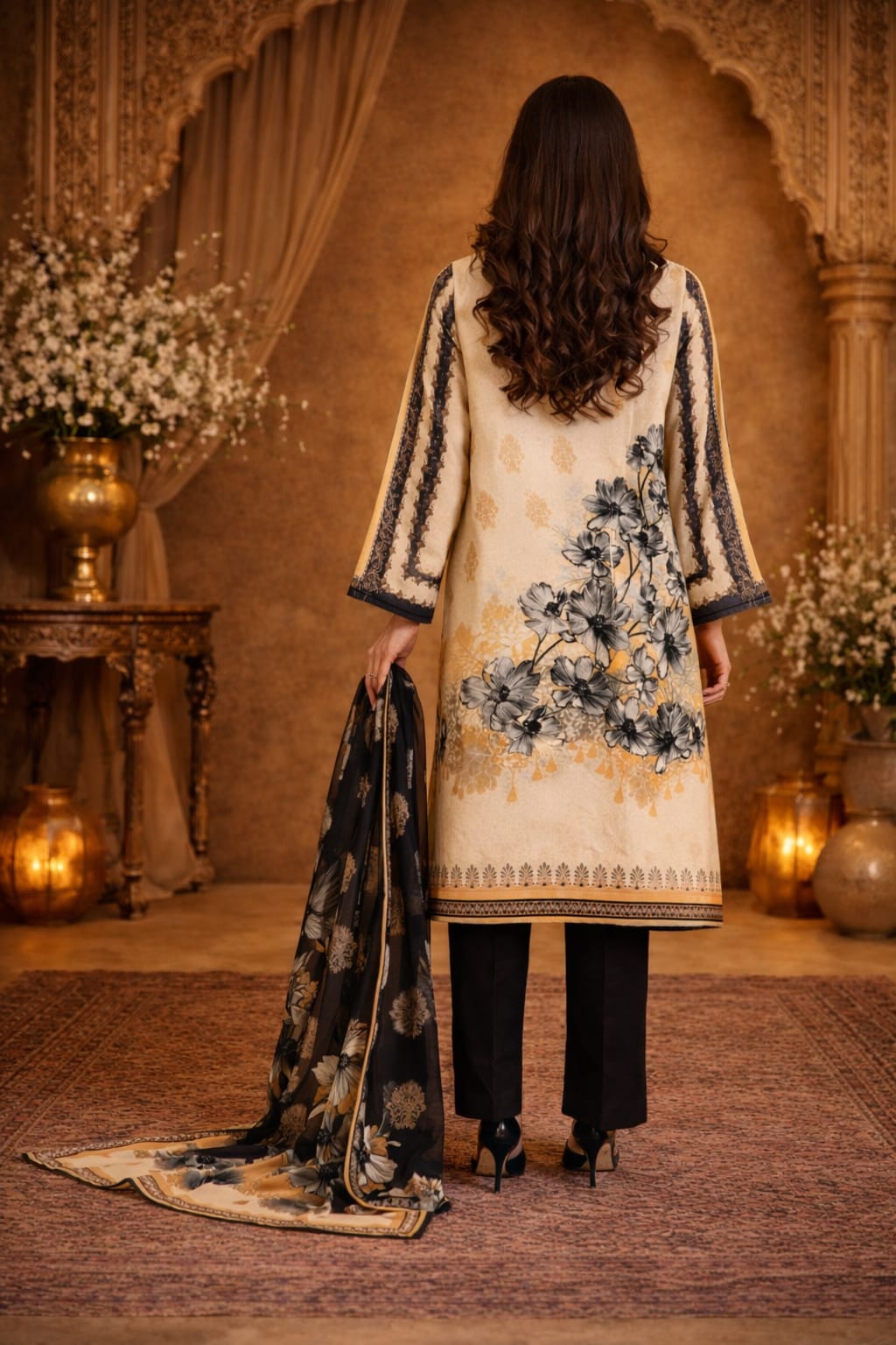 Cream Mustard Base Black Floral Bunch Printed Kurta Set