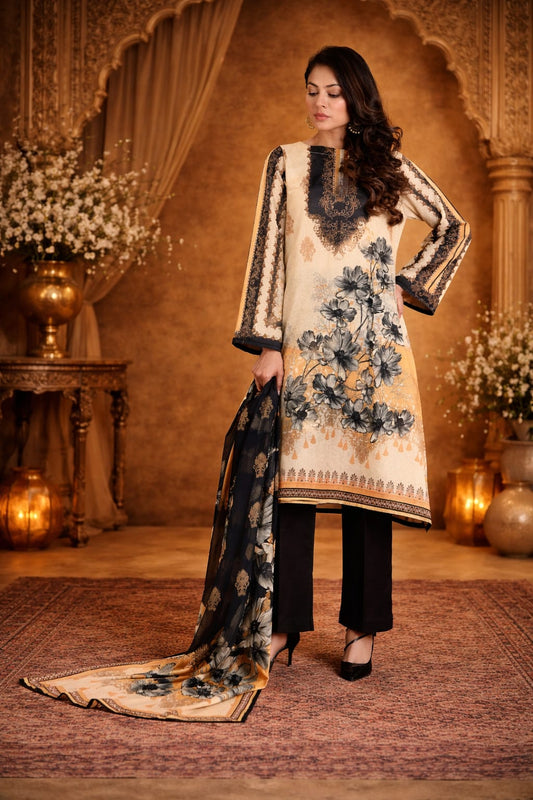 Cream Mustard Base Black Floral Bunch Printed Kurta Set