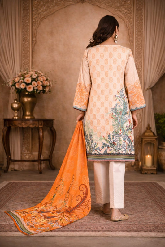 Cream Orange Floral Motif Border Printed Kurta Set