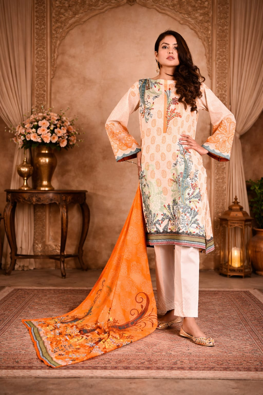 Cream Orange Floral Motif Border Printed Kurta Set