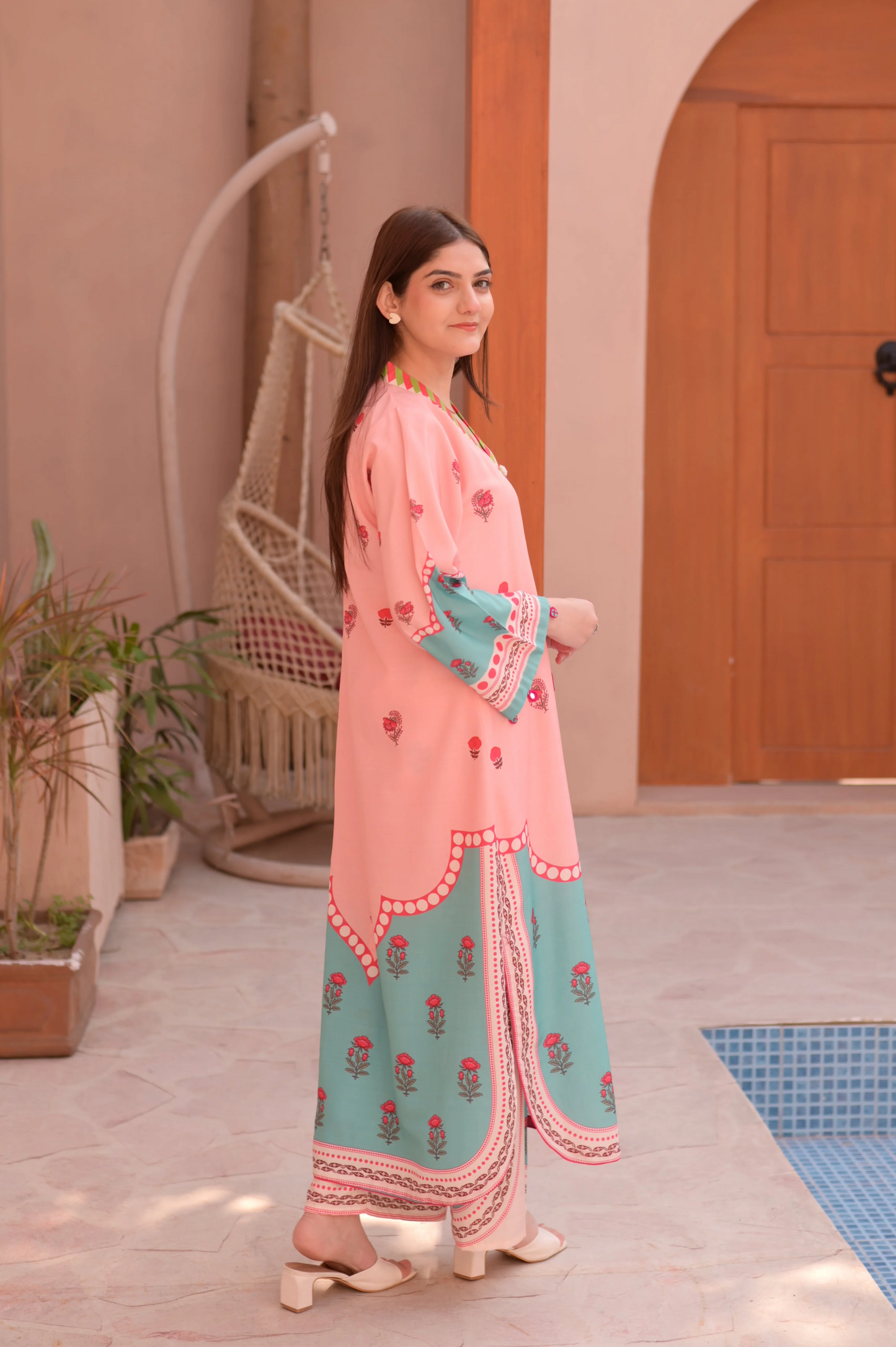 Dil Afroz Peach & Sage Green Print Kaftan Style Co-Ord Set